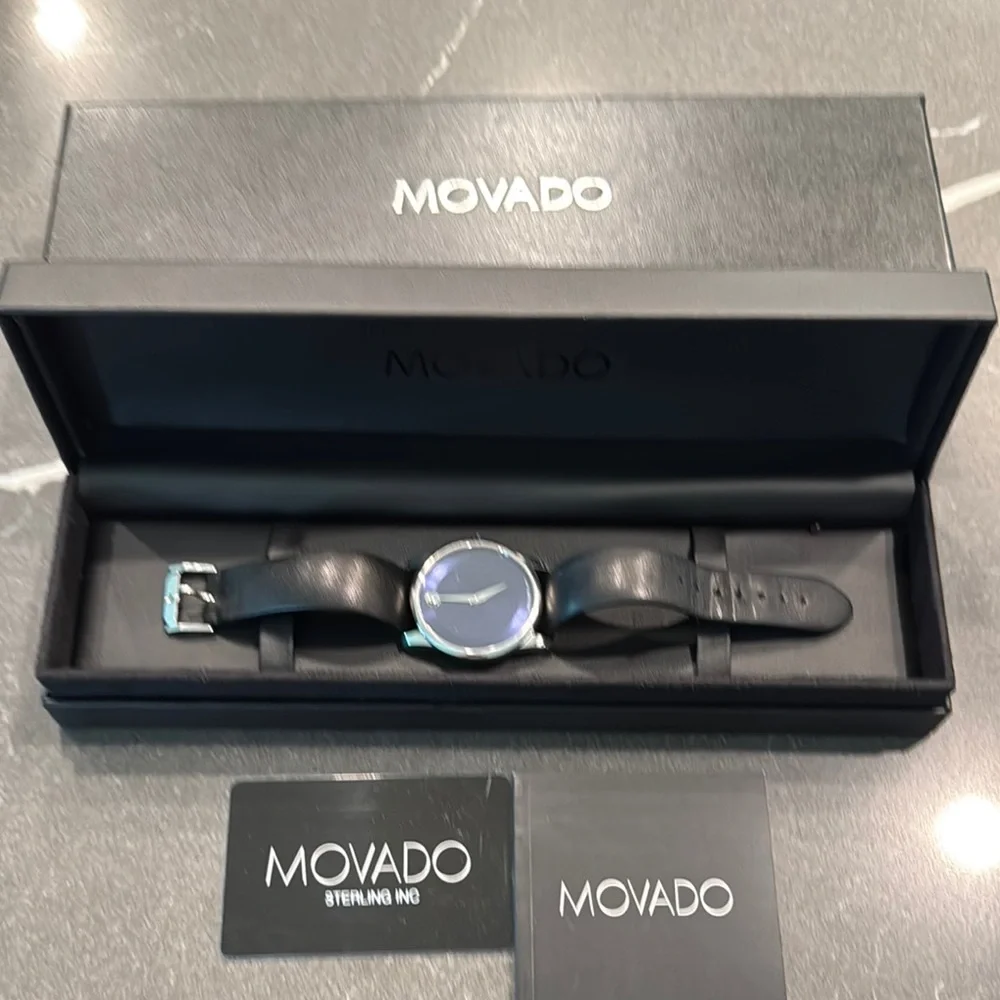 Movado Men’s Silver and Black Watch with Blue face and Leather Band. W/box. - Picture 2 of 6
